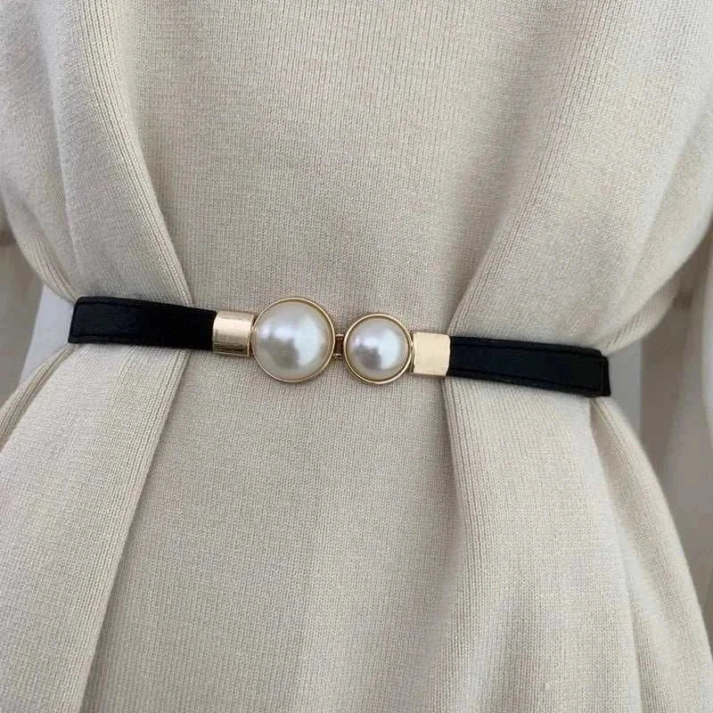 Elegant Double Pearls Buckle Elastic Women Belts Thin Straps Lady Girl Dress Skirt Decor Waistbands Trouser Decoration GM113