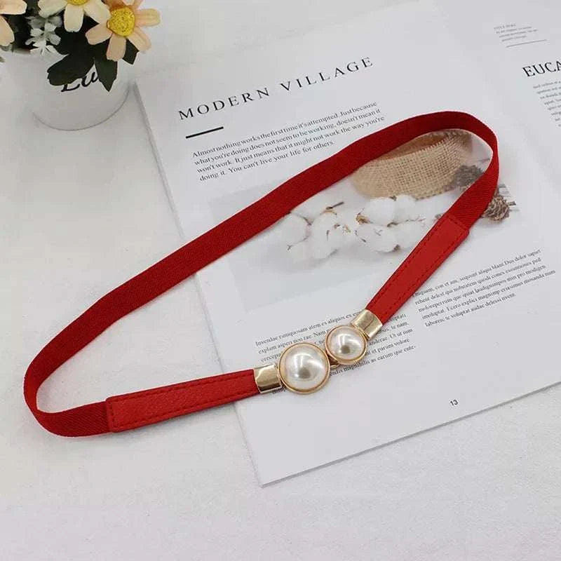 Creative Pearl Buckle Belt PU Leather Dress Skirt Waist Elastic Thin Women Belts Ladies Waistband