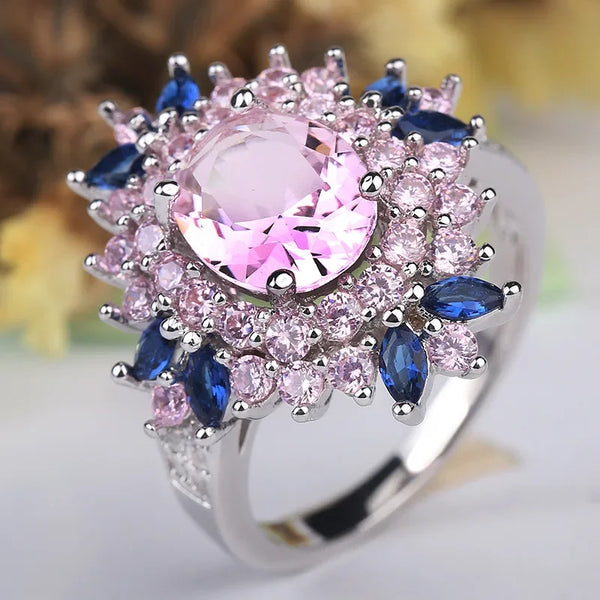 925 sterling silver ring with pink and blue gemstones for women