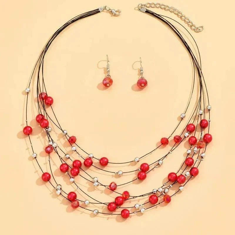 Kymyad Ethnic Necklace Earrings Set for Women Simulated Pearl Crystal Jewelry Sets Multilayer Choker Necklace Women Jewelry Set