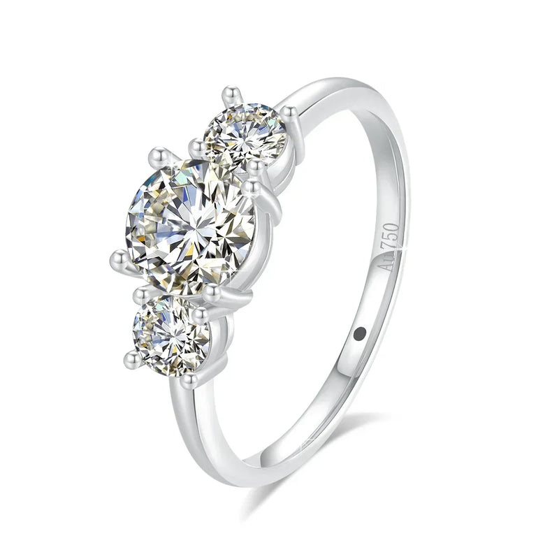 18K white gold ring with three round natural moissanite stones and AU750 stamp