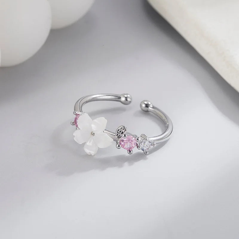 Silver pink romantic flower ring with zircon and cherry blossom design