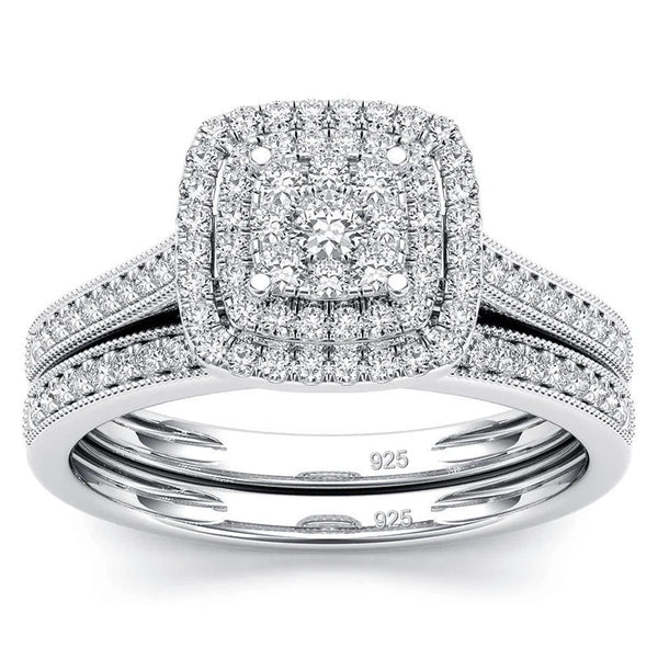 925 sterling silver white gold plated moissanite ring set with square halo design for wedding and engagement