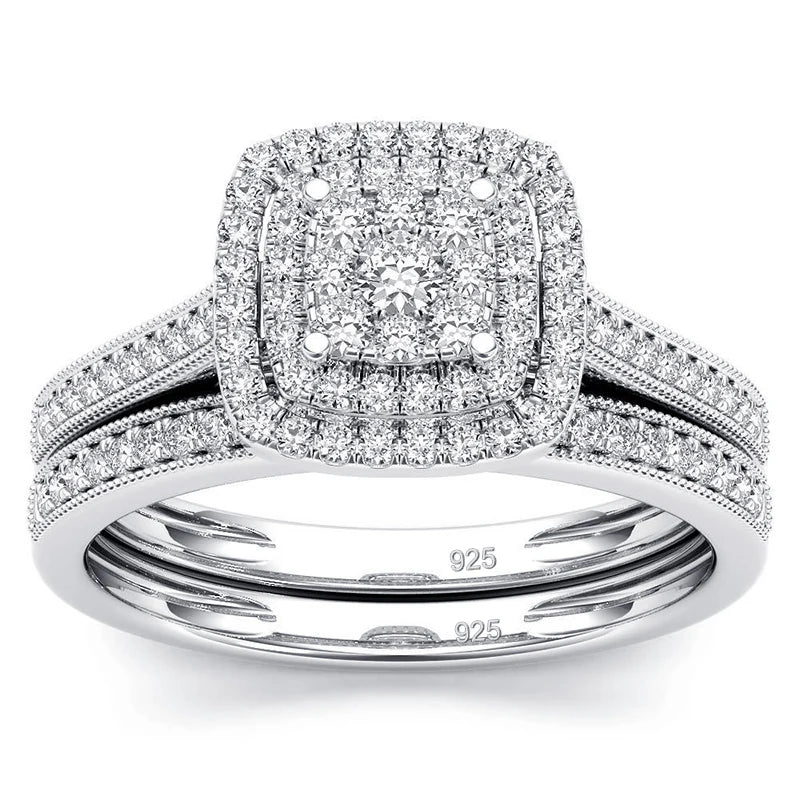 925 sterling silver white gold plated moissanite ring set with square halo design for wedding and engagement