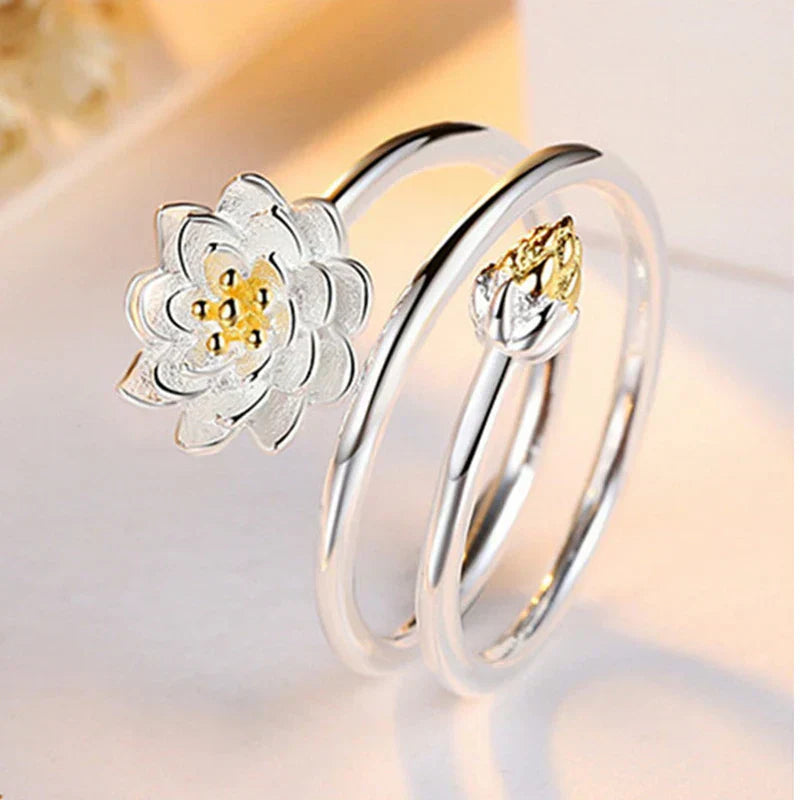 Silver spiral ring with pink romantic flower design and gold accents, women's aesthetic jewelry