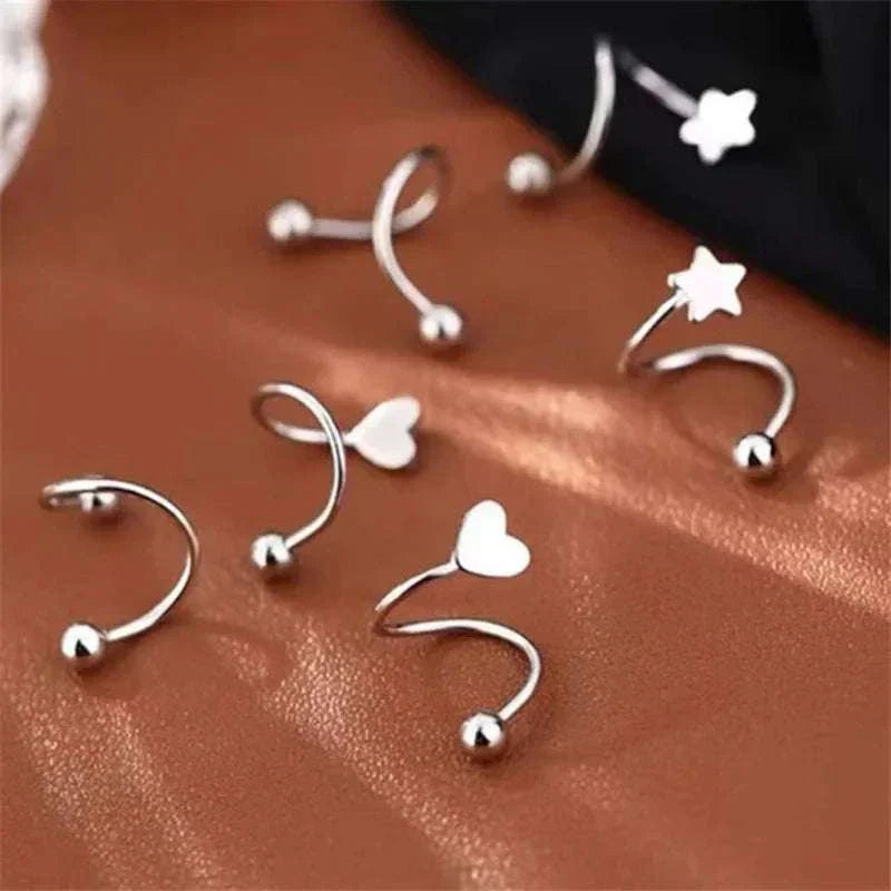 2Pcs Stainless Steel Spiral Twisted Lip Ring Tongue Piercing Heart Star Ear Cartilage Helix Piercing Stud Earring Jewelry Gifts