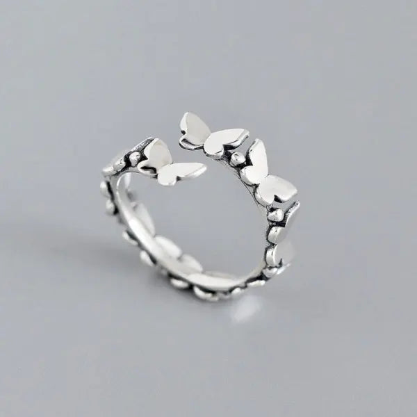 silver open butterfly design romantic flower ring for women