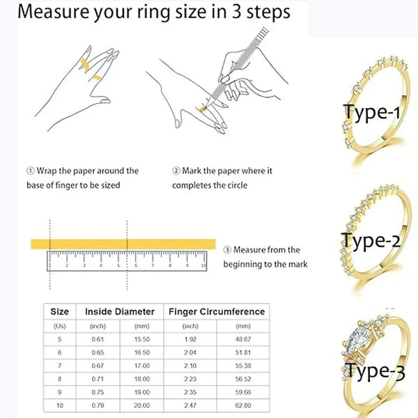 Stackable gold rings size guide with three ring styles and measurement instructions for perfect fit