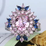 925 sterling silver ring with pink and blue gemstones floral design