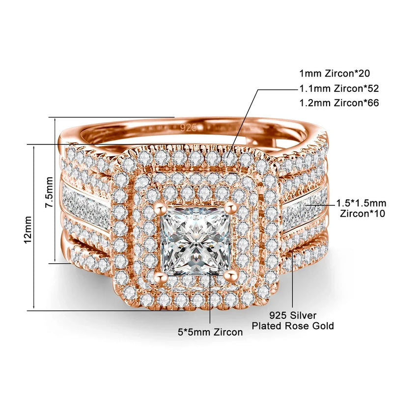Princess cut Moissanite rings set with 5x5mm center stone, zircon accents, 925 silver plated rose gold band
