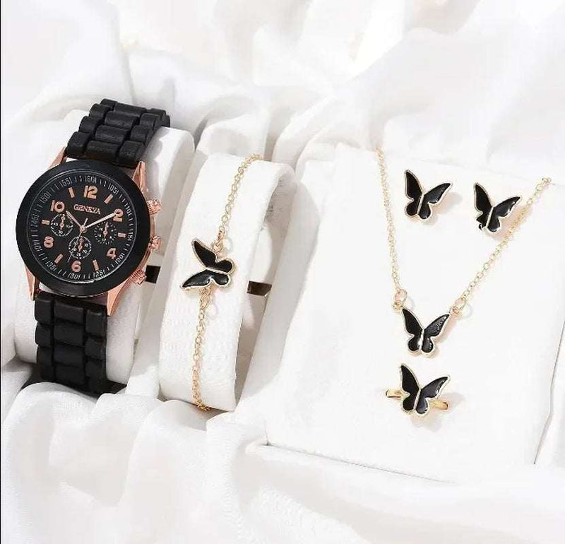 5PCS Set Luxury Watch Women Ring Necklace Earrings Rhinestone Fashion Wristwatch Female Casual Ladies Watches Bracelet Set Clock