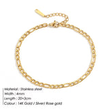 316L stainless steel anklet with 4mm width, 20+3cm length, available in 14K gold, silver, and rose gold