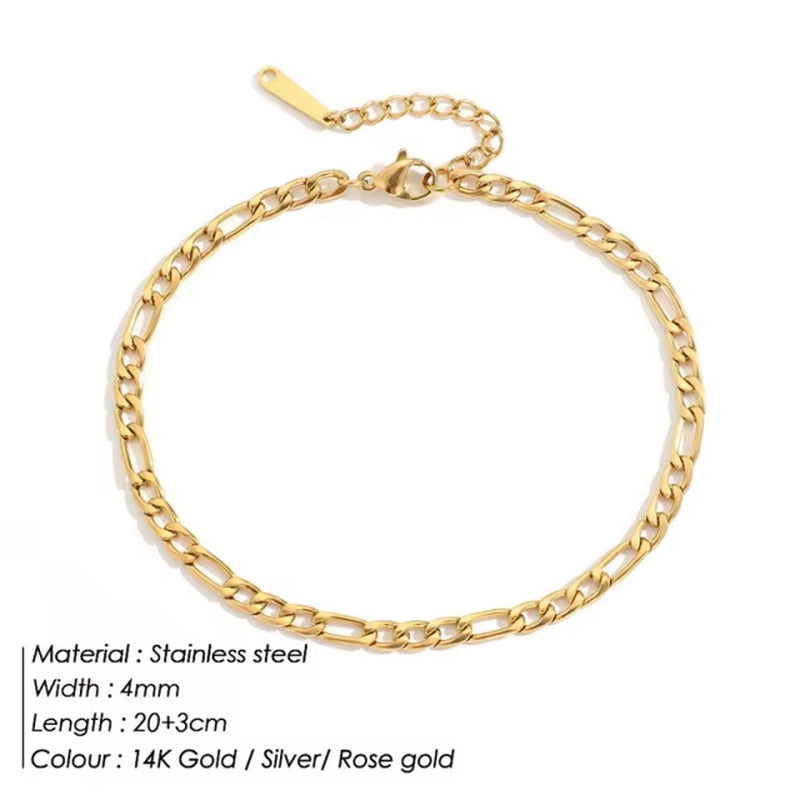 316L stainless steel anklet with 4mm width, 20+3cm length, available in 14K gold, silver, and rose gold