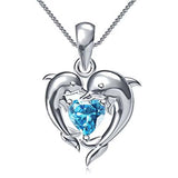 925 Sterling Silver Dolphin Blue Heart CZ Necklace Women Bride Wedding Clavicle Chain Necklaces Fancy Gift Statement Jewelry