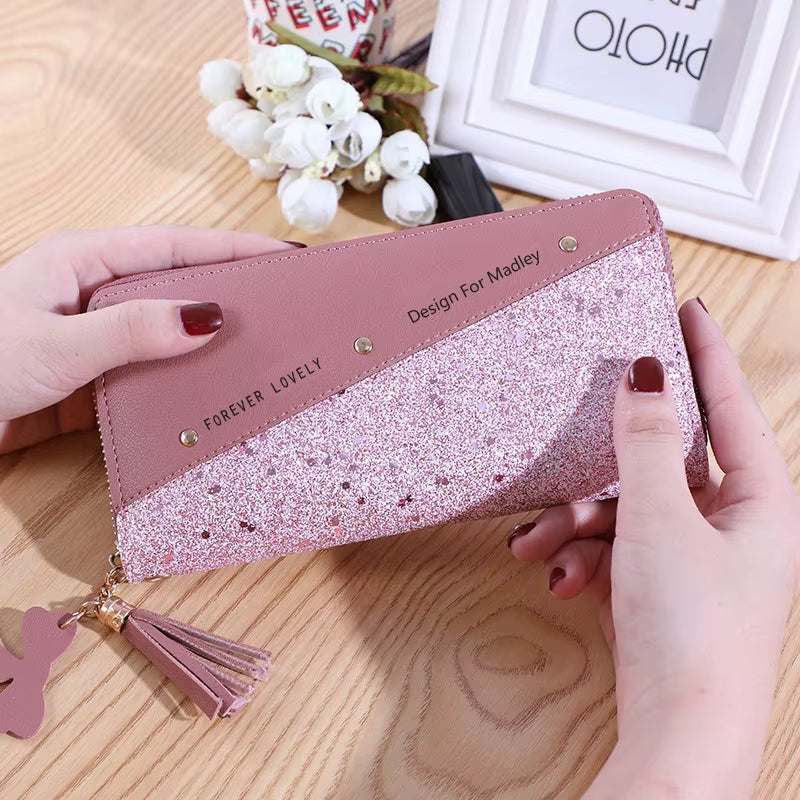 Fashion womens PU leather glitter pink wallet with tassel and "Forever Lovely" design