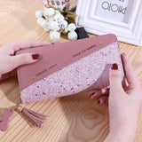 Fashion womens PU leather pink glitter wallet with tassel and decorative studs