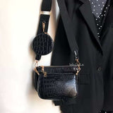 Vintage crocodile pattern black PU leather women shoulder bag with detachable round pouch and wide strap