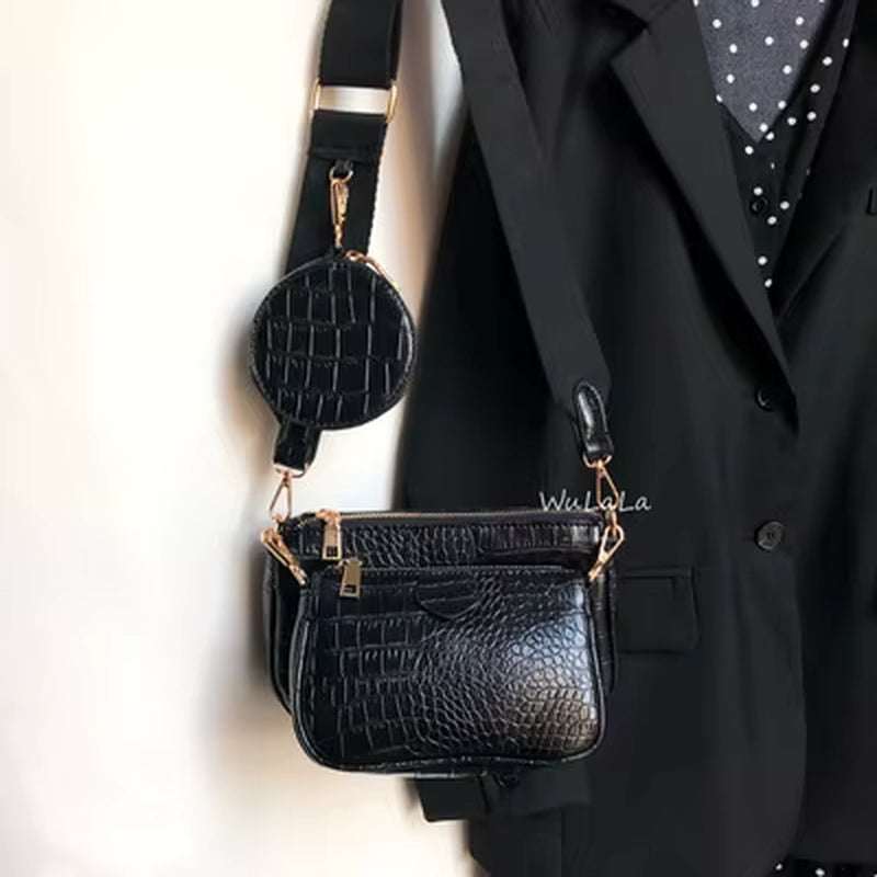Vintage crocodile pattern black PU leather women shoulder bag with detachable round pouch and wide strap