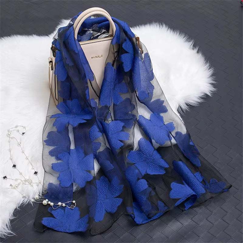 2023 Hot Sale Silk Scarf Womens Summer Breeze Lightweight Sheer Wrap and Shawls Bandana Beach Organza Gauze Lace Hollow Scarf