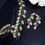 Dubai Gold Color luxury green cubic zirconia wedding necklace and drop earrings set on black background