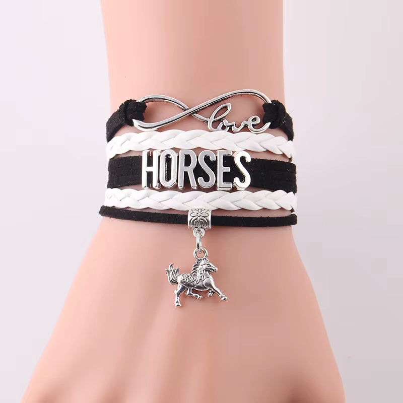 Infinity Love Horses women's leather braid wrap bracelet with horse charm and silver infinity love detail