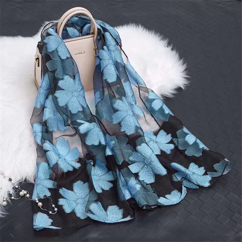 2023 Hot Sale Silk Scarf Womens Summer Breeze Lightweight Sheer Wrap and Shawls Bandana Beach Organza Gauze Lace Hollow Scarf