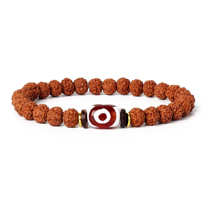Royal Green Tiger Eye Vajra Rudraksha beaded meditation bracelet with central patterned bead