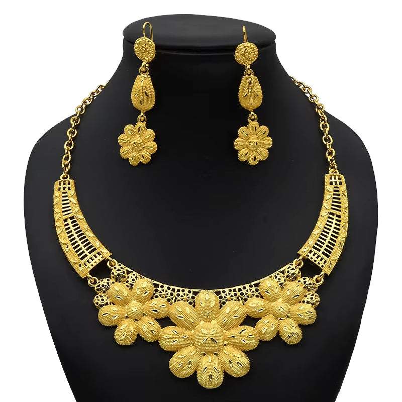 Indian Gold Colour Jewelry Sets Wedding Nigerian Necklace and Earrings 24K Gold Plated Jewellery Bridal Dubai Luxury Party Gifts