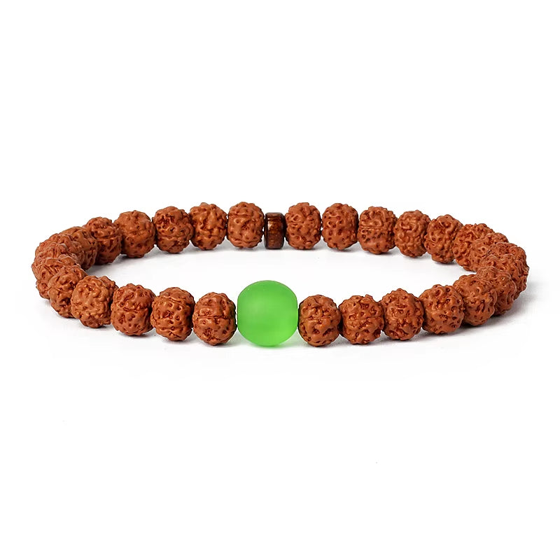 Royal Green Tiger Eye Vajra bracelet with natural rudraksha beads and green tiger eye centerpiece