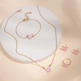Butterfly pendants necklace set with bracelet, ring, and earrings in pink and gold alloy jewelry.