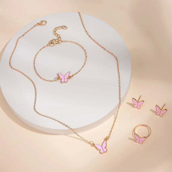 Butterfly pendants necklace set with bracelet, ring, and earrings in pink and gold alloy jewelry.