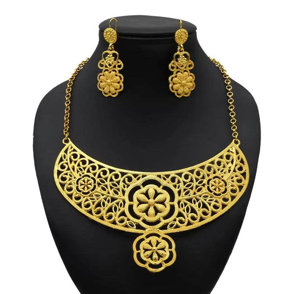 Indian Gold Colour Jewelry Sets Wedding Nigerian Necklace and Earrings 24K Gold Plated Jewellery Bridal Dubai Luxury Party Gifts