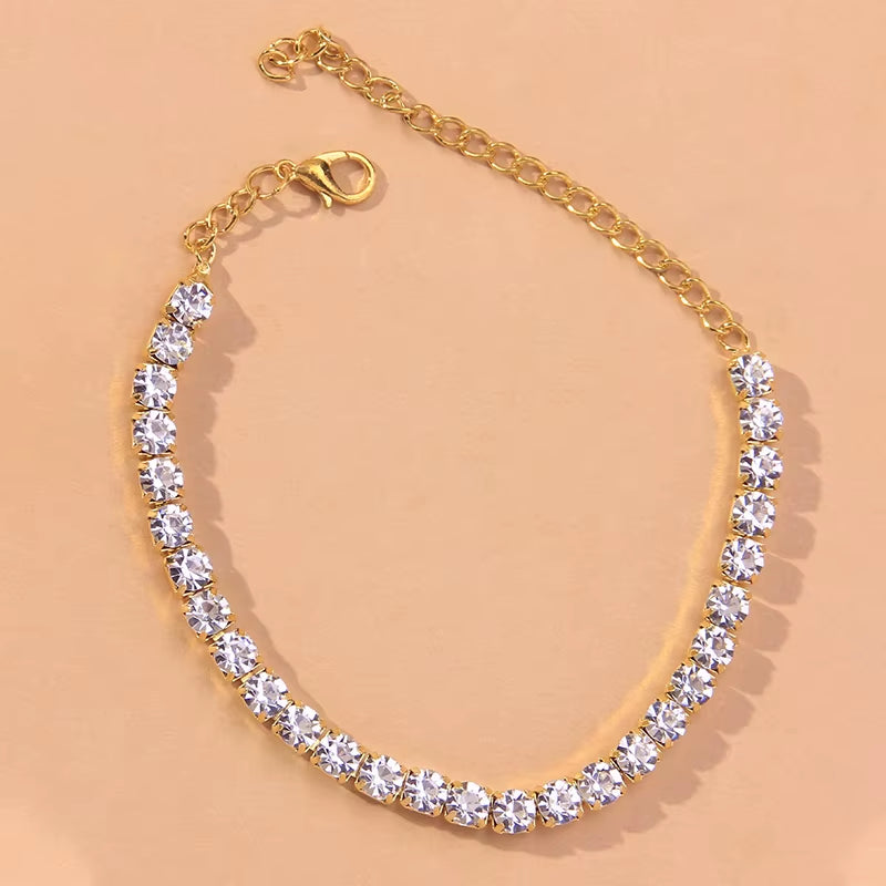 Gold rhinestone anklet with adjustable chain, women's beach accessory jewelry