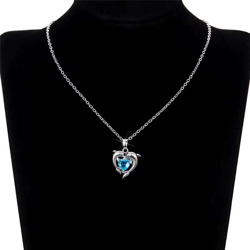 925 Sterling Silver Dolphin Blue Heart CZ Necklace Women Bride Wedding Clavicle Chain Necklaces Fancy Gift Statement Jewelry