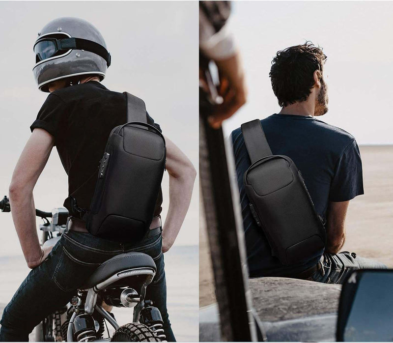 Black anti-theft sling bag made of waterproof Oxford cloth and PU leather worn by man on motorcycle and seated outdoors
