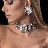 Stonefans Bride Crystal Necklace Earrings Set worn on model with large rectangular clear crystals and silver accents