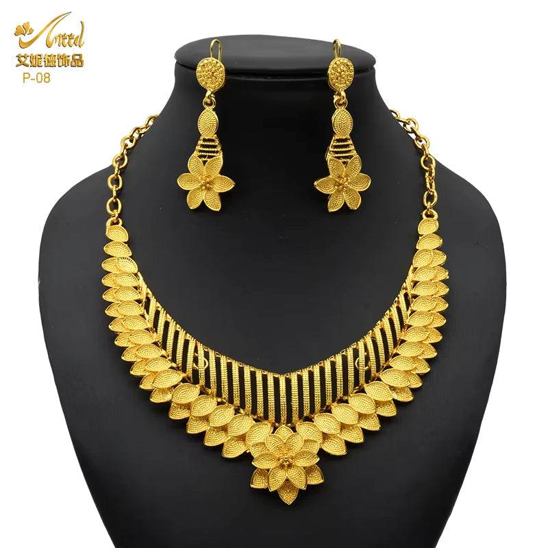 Indian Gold Colour Jewelry Sets Wedding Nigerian Necklace and Earrings 24K Gold Plated Jewellery Bridal Dubai Luxury Party Gifts