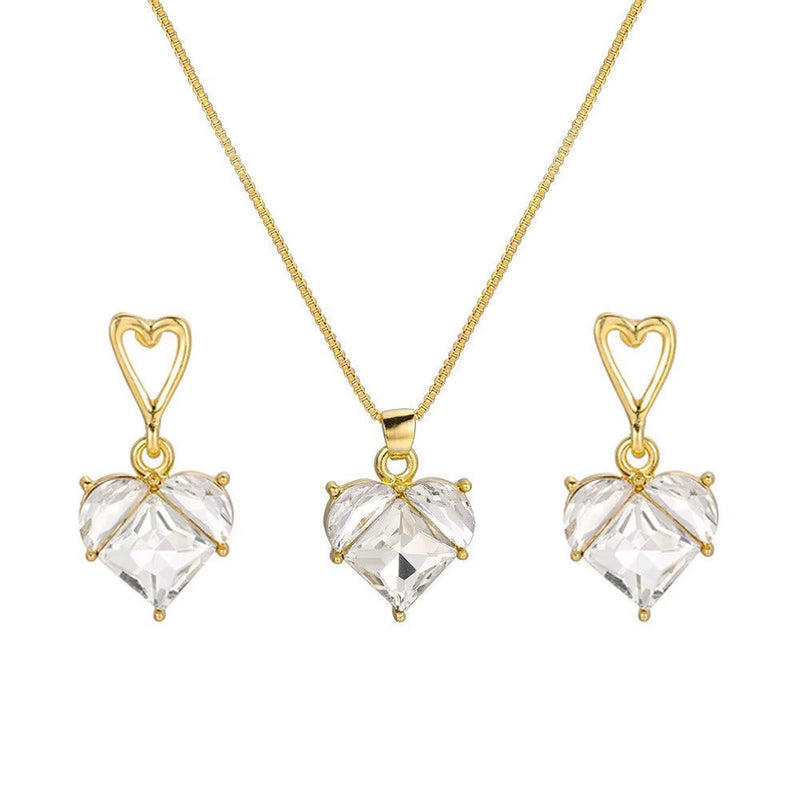 Fashion Heart Zircon gold necklace and earrings set with heart-shaped clear zircon stones