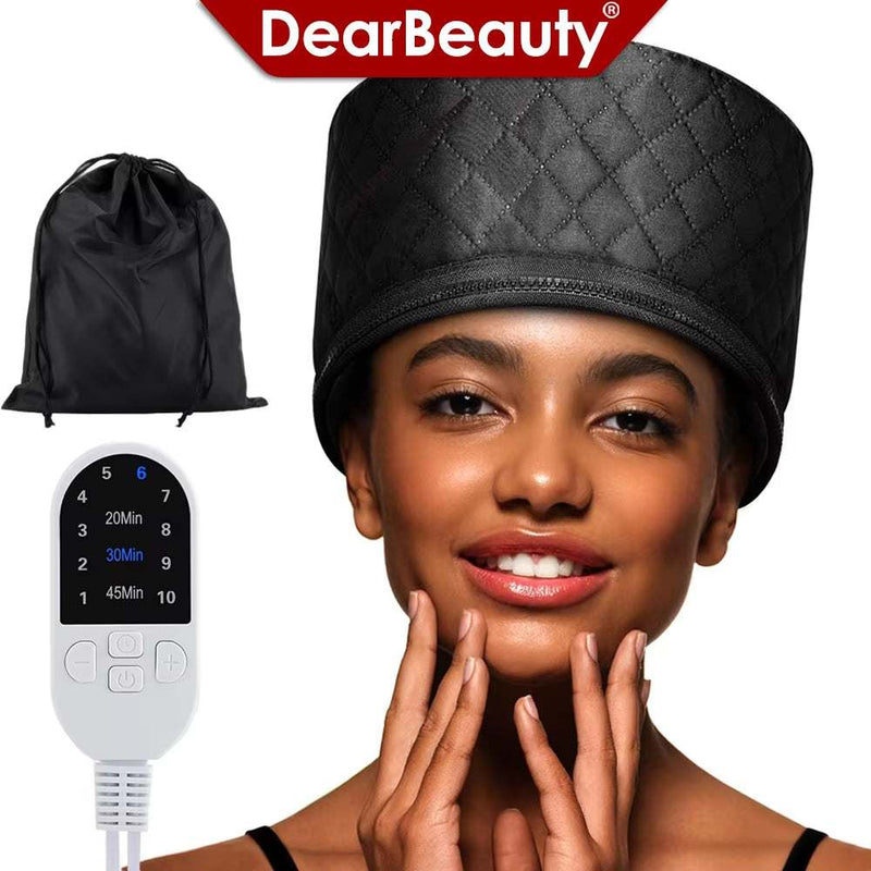 Woman wearing black portable electric thermal hair treatment hat with remote control and storage bag