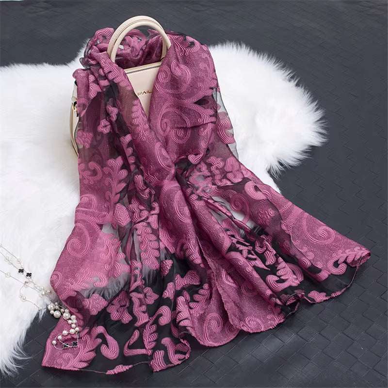 2023 Hot Sale Silk Scarf Womens Summer Breeze Lightweight Sheer Wrap and Shawls Bandana Beach Organza Gauze Lace Hollow Scarf