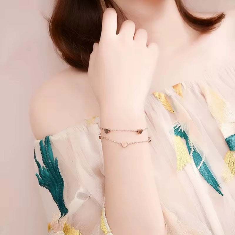 Charming Multiple Heart Double Bracelets&Bangles Three Color Stainless Steel Bracelets Statement Jewelry for Women Girls