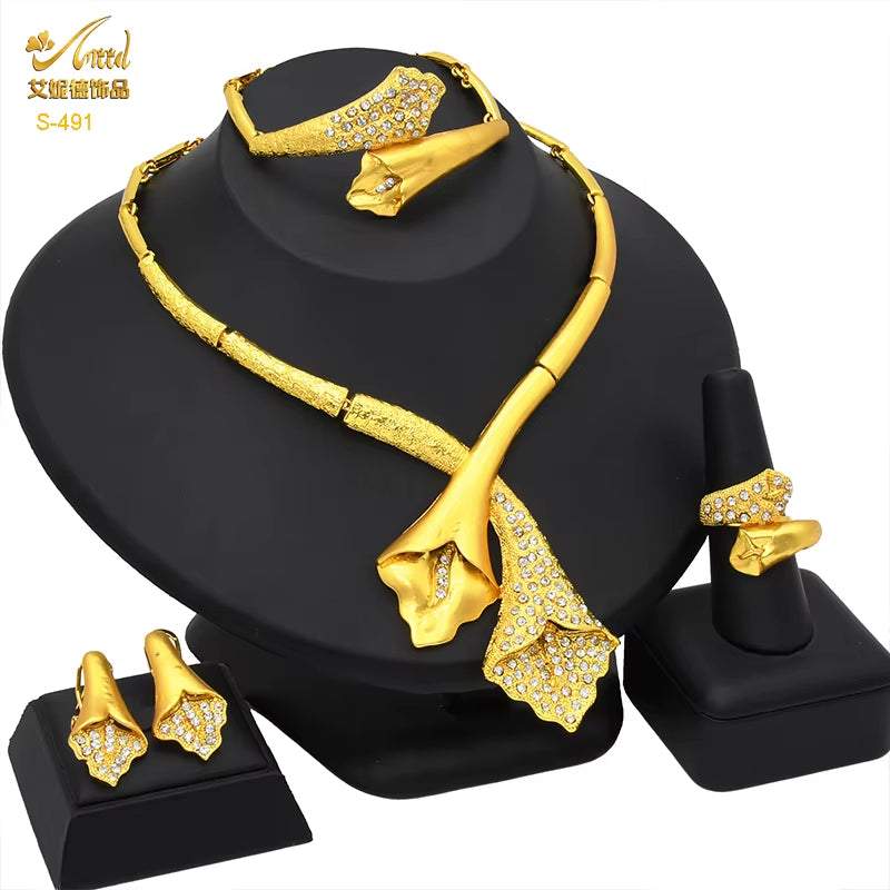 Indian Jewellery Luxury Necklace Jewelry Sets for Women Dubai Gold Color African Arabic Wedding Bridal Collection Sets Earring