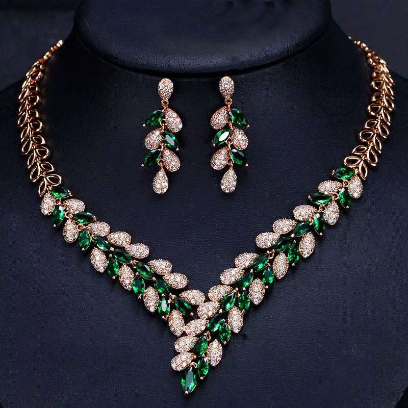 Dubai Gold Color luxury gold-plated necklace and earrings set with green and white cubic zirconia crystals