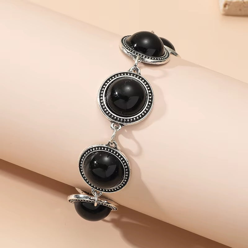 Fashion Boho Vintage round black pearl bracelet with silver detailing and adjustable design for women