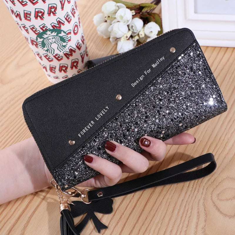 Black glitter fashion women's PU leather wallet with wrist strap and text design