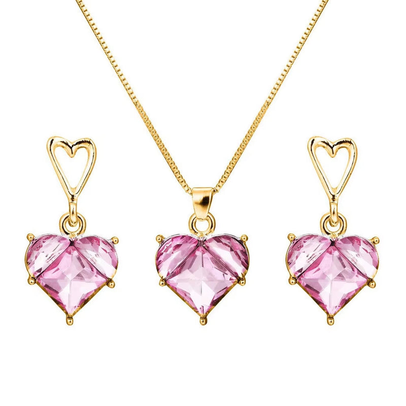 gold necklace and earrings set with pink heart-shaped zircon gemstones fashion jewelry set