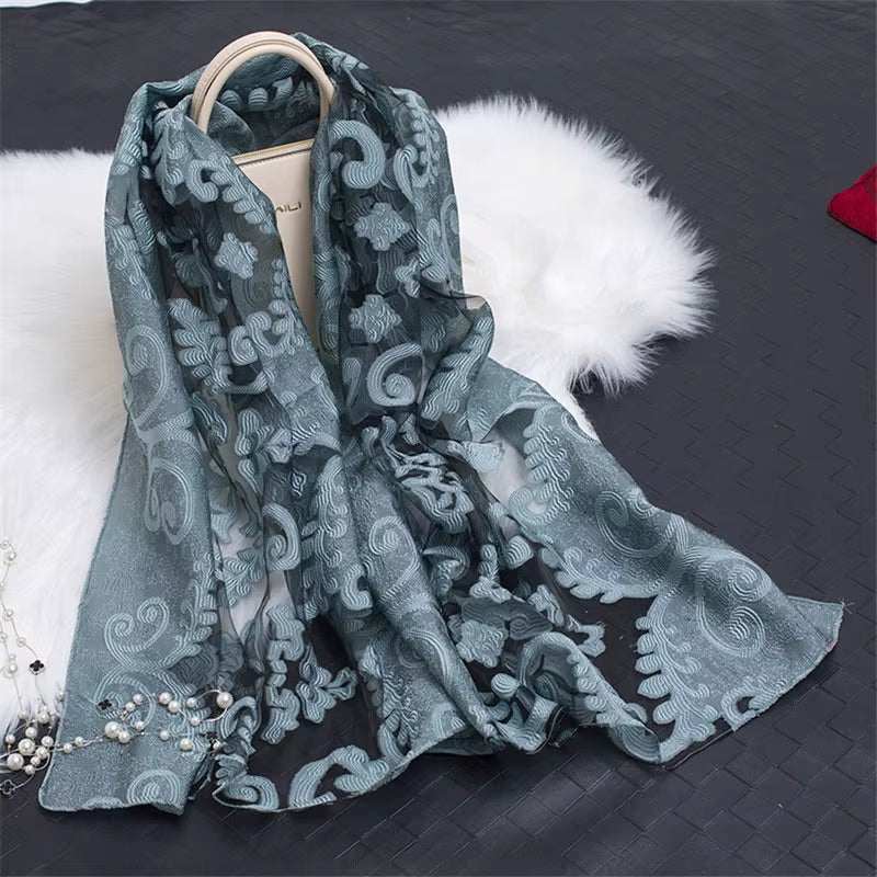 2023 Hot Sale Silk Scarf Womens Summer Breeze Lightweight Sheer Wrap and Shawls Bandana Beach Organza Gauze Lace Hollow Scarf