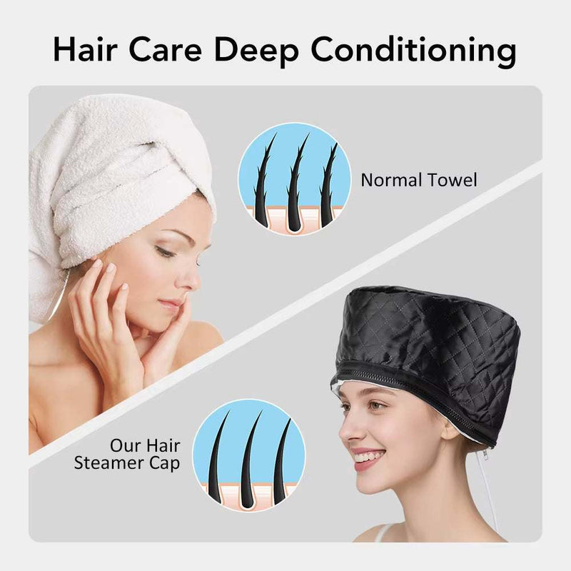 Portable electric thermal hat for hair care with deep conditioning and adjustable heat settings.