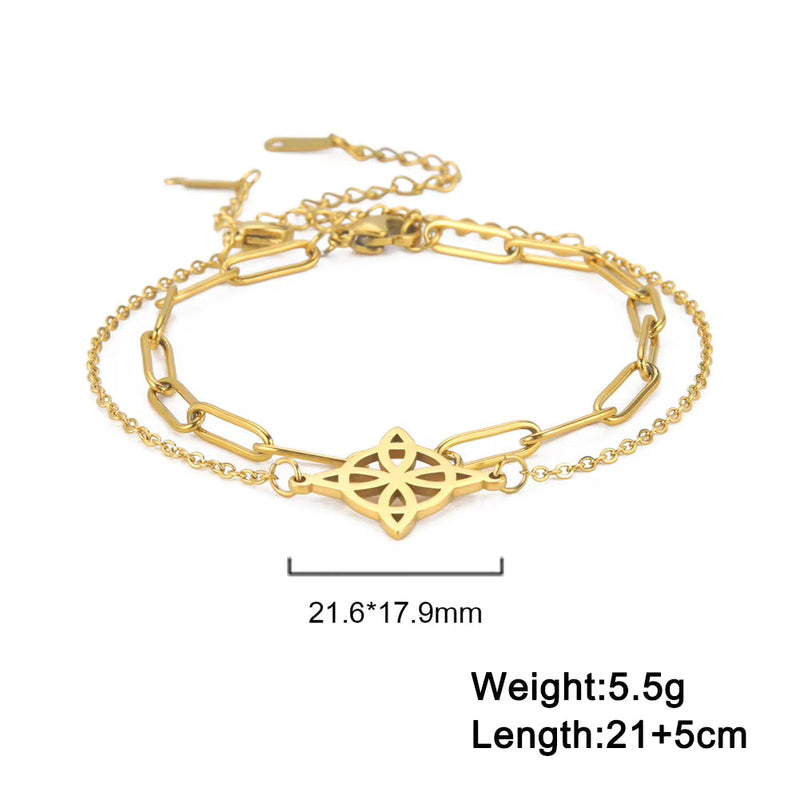 Gold-colored stainless steel knot pendant anklet with adjustable chain and geometric design