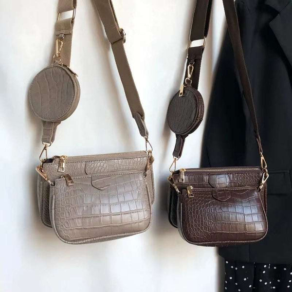 Vintage crocodile pattern women’s shoulder bag set in coffee and black colors with wide straps and coin pouch